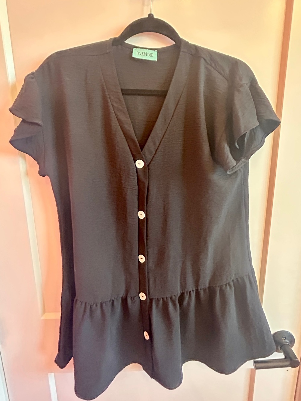 PS KATE Black Button-Front Ruffle Hem Women's Dress  (fits like a small)